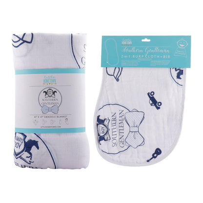 Gift Set: Southern Gentleman Baby Muslin Swaddle Blanket and Burp Cloth/Bib Combo Hospital Coming Home Essential