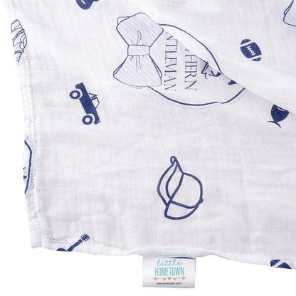 Gift Set: Southern Gentleman Baby Muslin Swaddle Blanket and Burp Cloth/Bib Combo Hospital Coming Home Essential