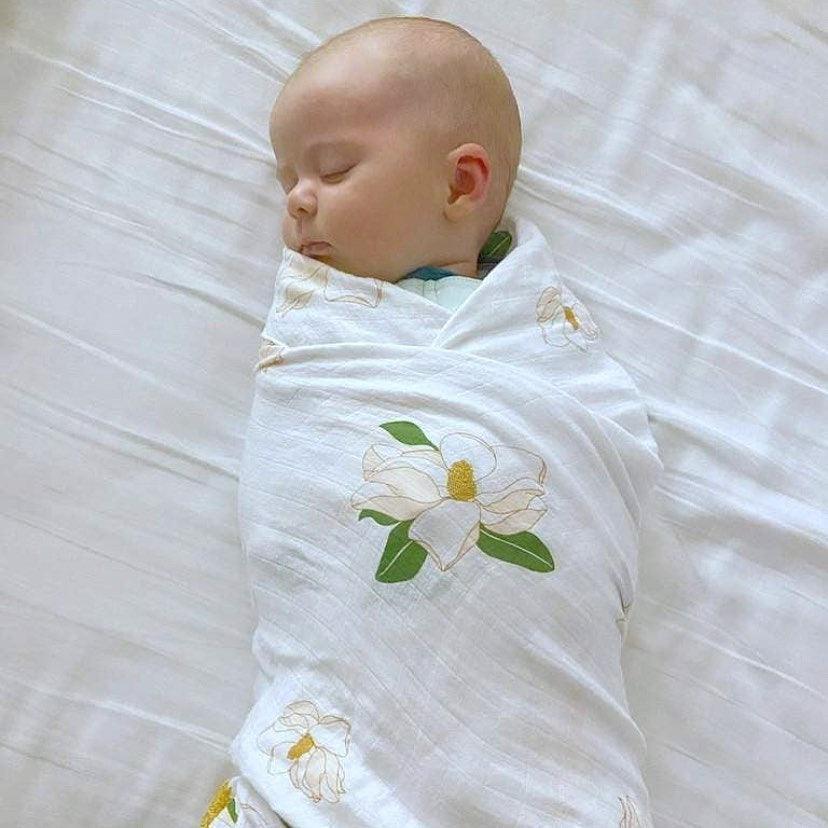 Gift Set: Southern Magnolia Baby Muslin Swaddle Blanket and Burp Cloth/Bib Combo Extra Large Bamboo Cotton