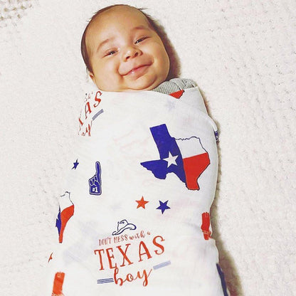 Gift Set: Texas Baby Boy Muslin Swaddle Blanket and Burp Cloth/Bib Combo Baby Shower Essential for Newborn