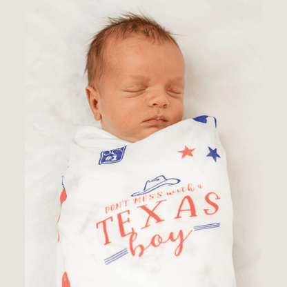 Gift Set: Texas Baby Boy Muslin Swaddle Blanket and Burp Cloth/Bib Combo Baby Shower Essential for Newborn