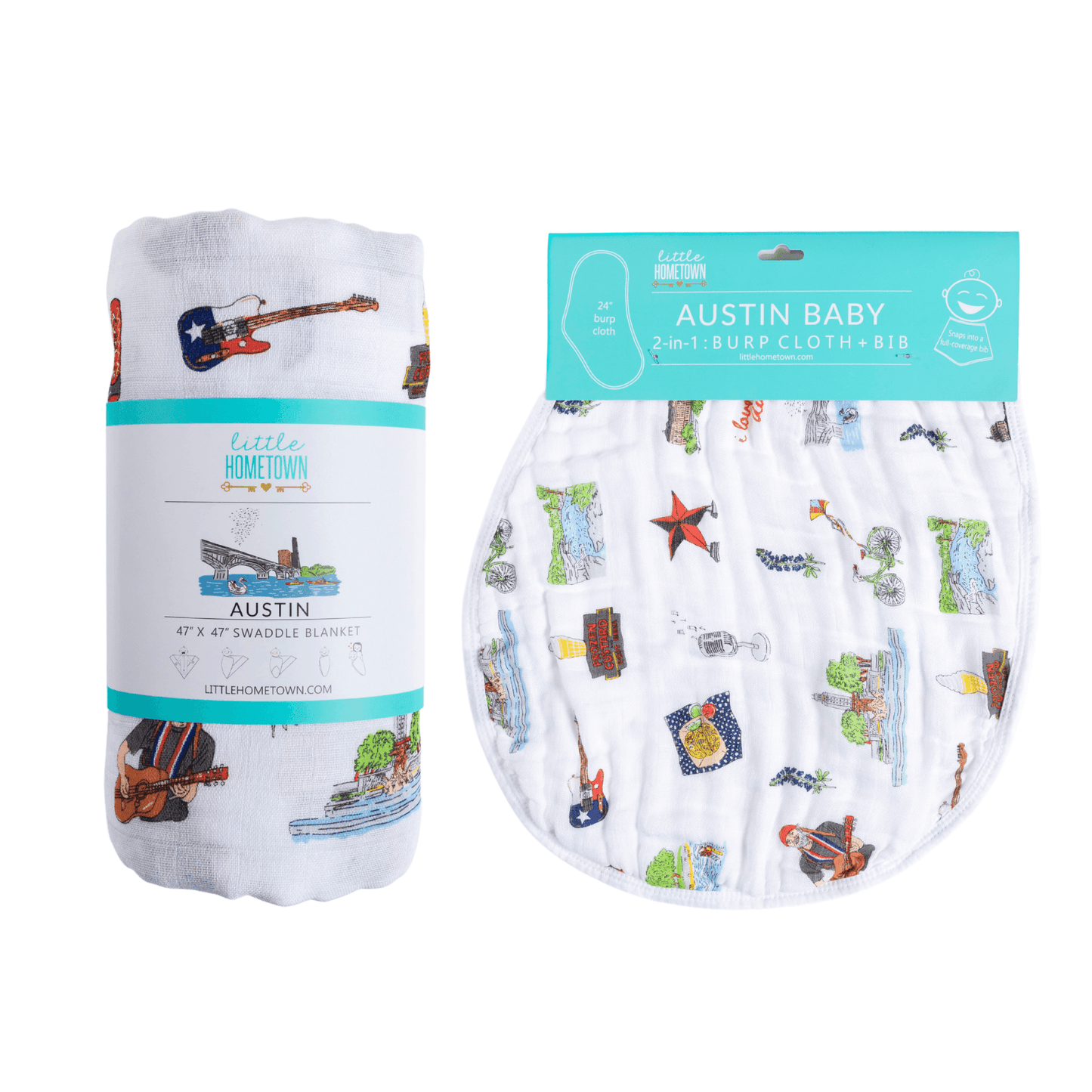 GiftSet: Austin Baby Muslin Swaddle Blanket and Burp Cloth/Bib Combo Extra Large Bamboo Cotton