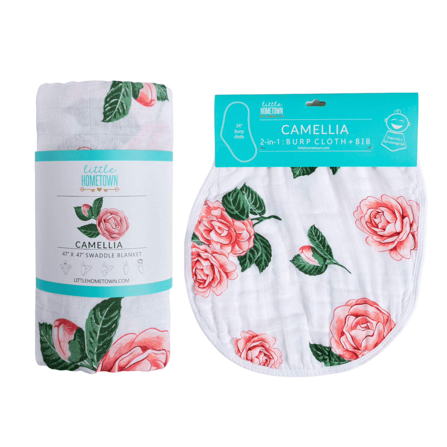 GiftSet: Camelia Baby Muslin Swaddle Blanket and Burp Cloth/Bib Combo Newborn Essentials for Feeding and Comfort