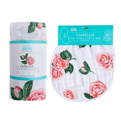 GiftSet: Camelia Baby Muslin Swaddle Blanket and Burp Cloth/Bib Combo Newborn Essentials for Feeding and Comfort
