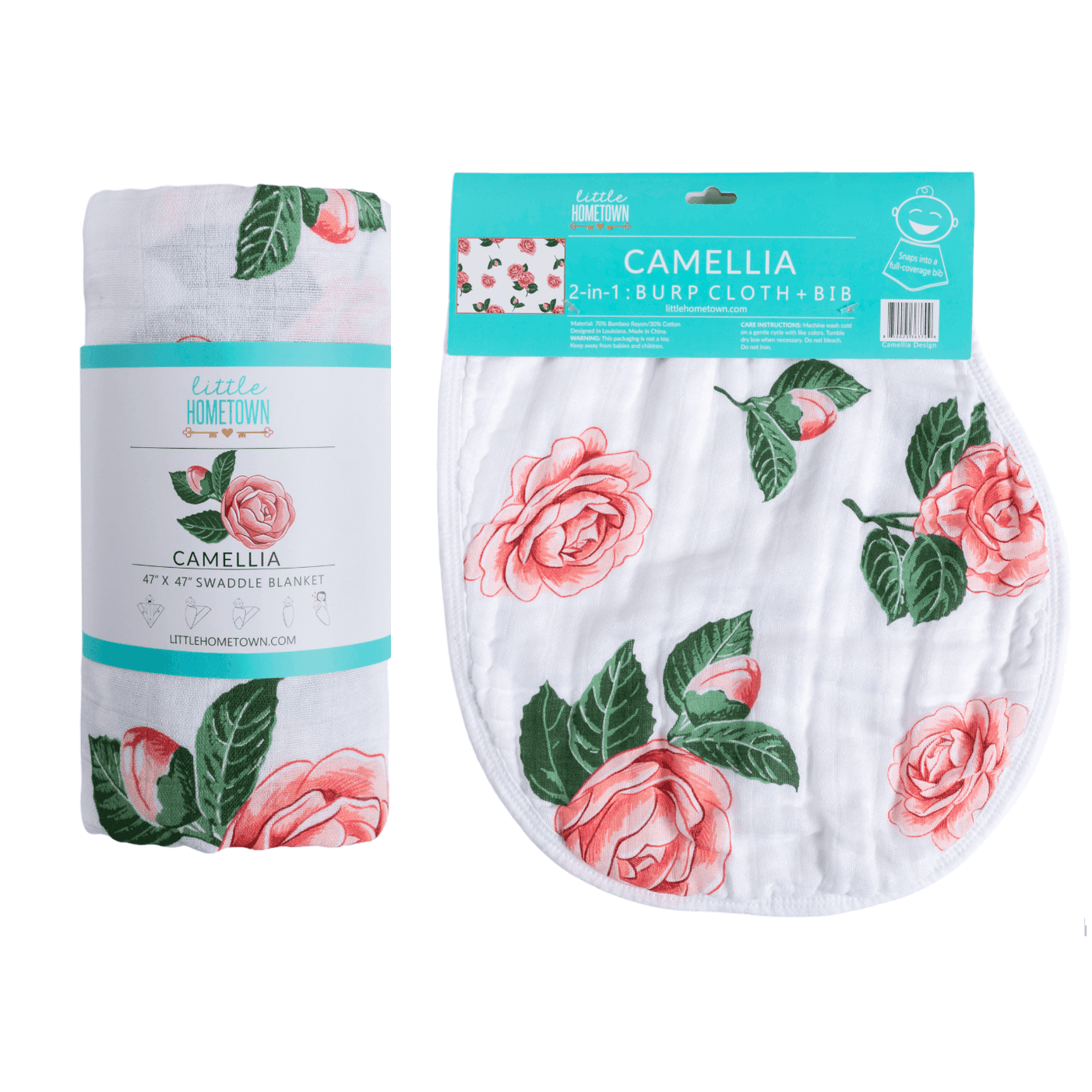 GiftSet: Camelia Baby Muslin Swaddle Blanket and Burp Cloth/Bib Combo Newborn Essentials for Feeding and Comfort