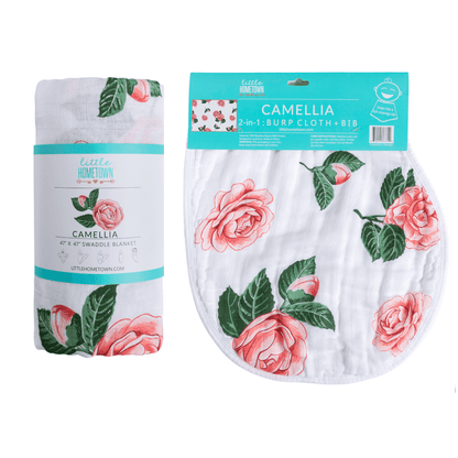 GiftSet: Camelia Baby Muslin Swaddle Blanket and Burp Cloth/Bib Combo Newborn Essentials for Feeding and Comfort