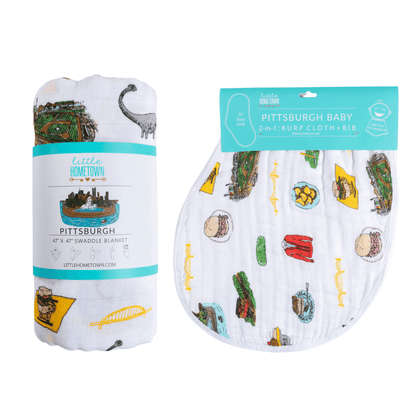 GiftSet: Pittsburgh Baby Muslin Swaddle Blanket and Burp Cloth/Bib Combo Baby Shower Essential for Newborn