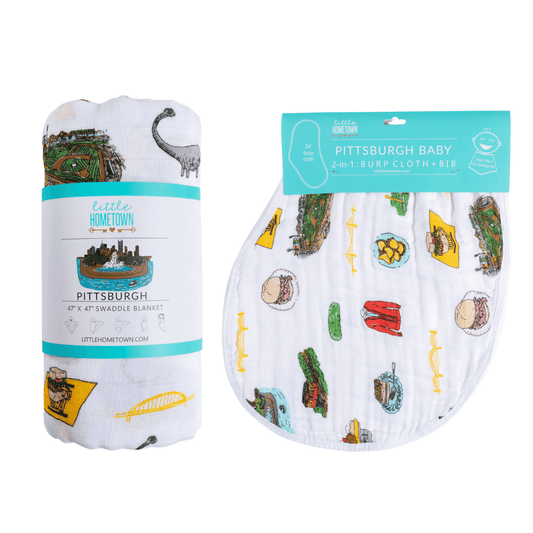 GiftSet: Pittsburgh Baby Muslin Swaddle Blanket and Burp Cloth/Bib Combo Baby Shower Essential for Newborn