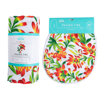 GiftSet: Prairie Fire Baby Muslin Swaddle Blanket and Burp Cloth/Bib Combo Extra Large Bamboo Cotton