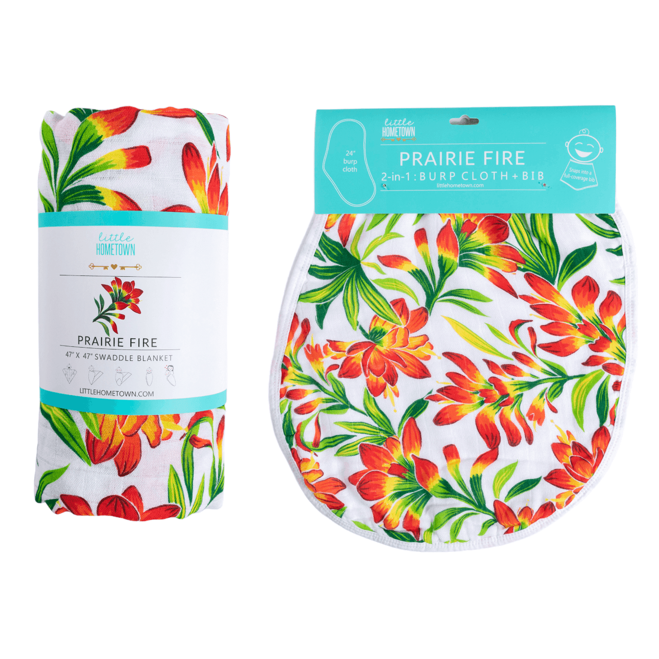 GiftSet: Prairie Fire Baby Muslin Swaddle Blanket and Burp Cloth/Bib Combo Extra Large Bamboo Cotton