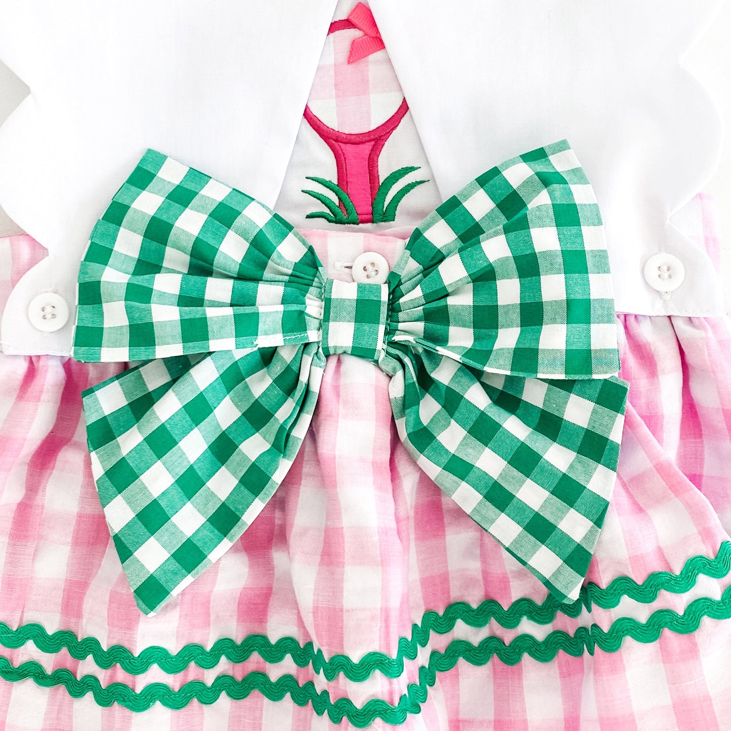 First Birthday Golf Bubble for Girls – Reversible Pink Gingham Skirted Bubble Outfit