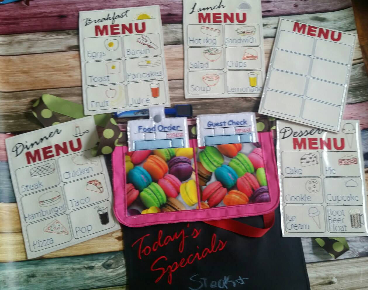 Waitress play set - Restaurant toys - Restaurant play set - pretend restaurant - pretend menus - pretend play - play kitchen- pocket apron