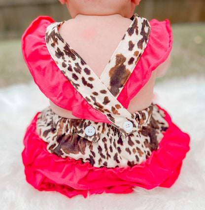 Brown cow & pink ruffle Romper