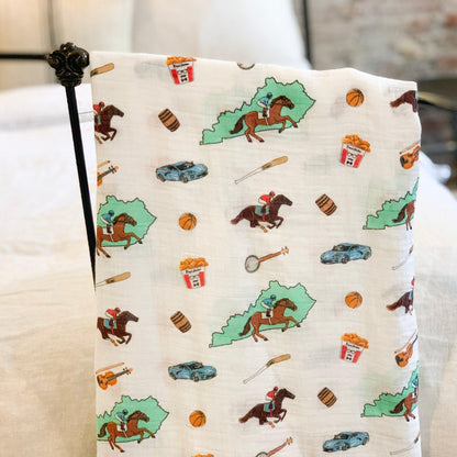 Gift Set: Kentucky Baby Muslin Swaddle Blanket and Burp Cloth/Bib Combo Hospital Coming Home Essential