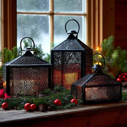 Perforated Iron Metal Lanterns, Set of Three