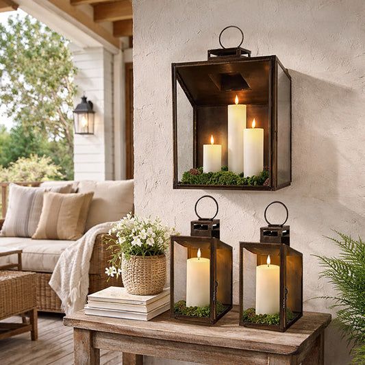 Rustic Bronze Tempered Glass Lanterns, Set of Three