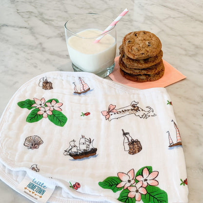 Gift Set: Massachusetts Floral Baby Muslin Swaddle Blanket and Burp Cloth/Bib Combo Baby Shower Essential for Newborn