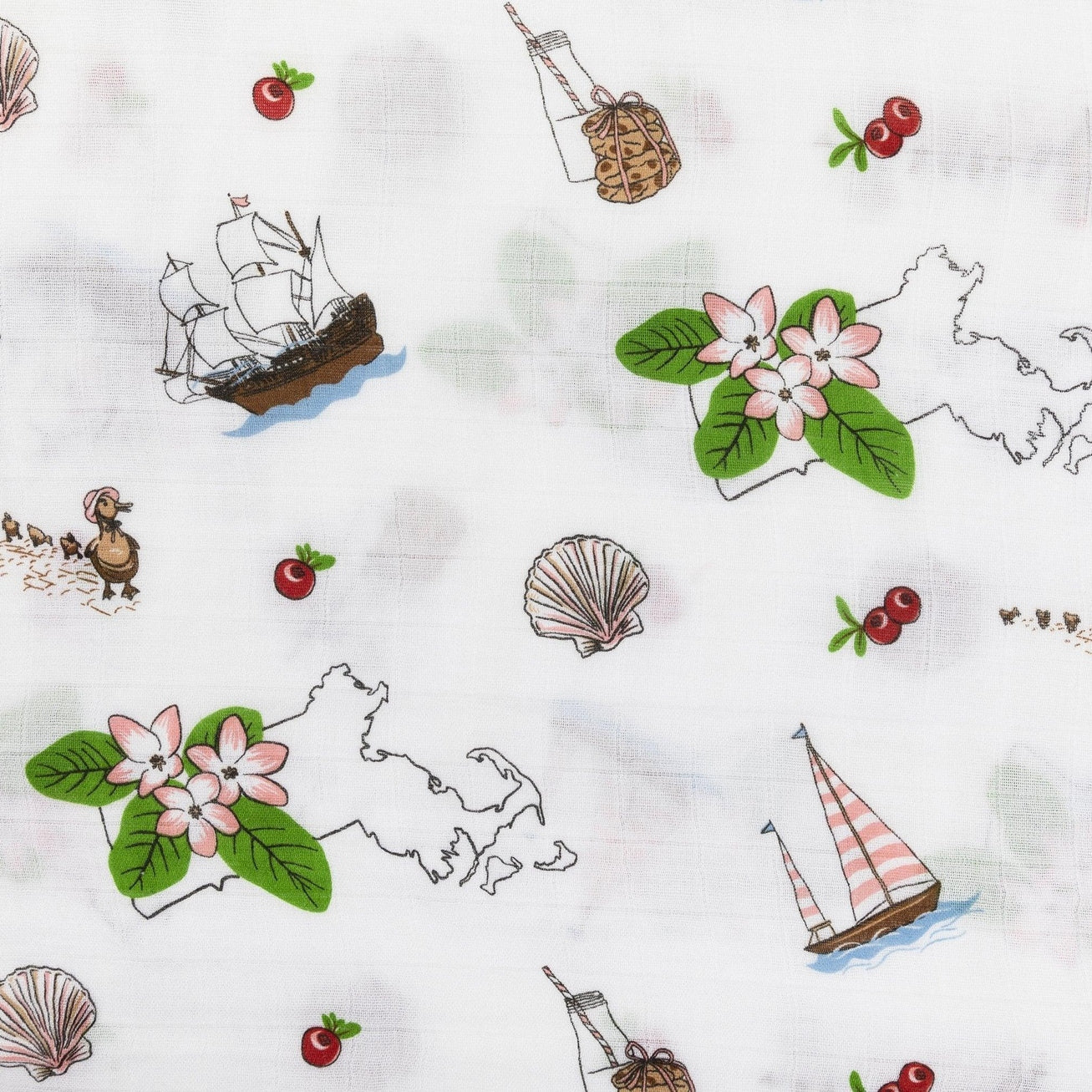 Gift Set: Massachusetts Floral Baby Muslin Swaddle Blanket and Burp Cloth/Bib Combo Baby Shower Essential for Newborn