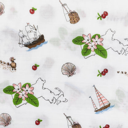 Gift Set: Massachusetts Floral Baby Muslin Swaddle Blanket and Burp Cloth/Bib Combo Baby Shower Essential for Newborn