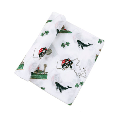 Gift Set: Massachusetts Baby Muslin Swaddle Blanket and Burp Cloth/Bib Combo Soft Breathable Bamboo Cotton