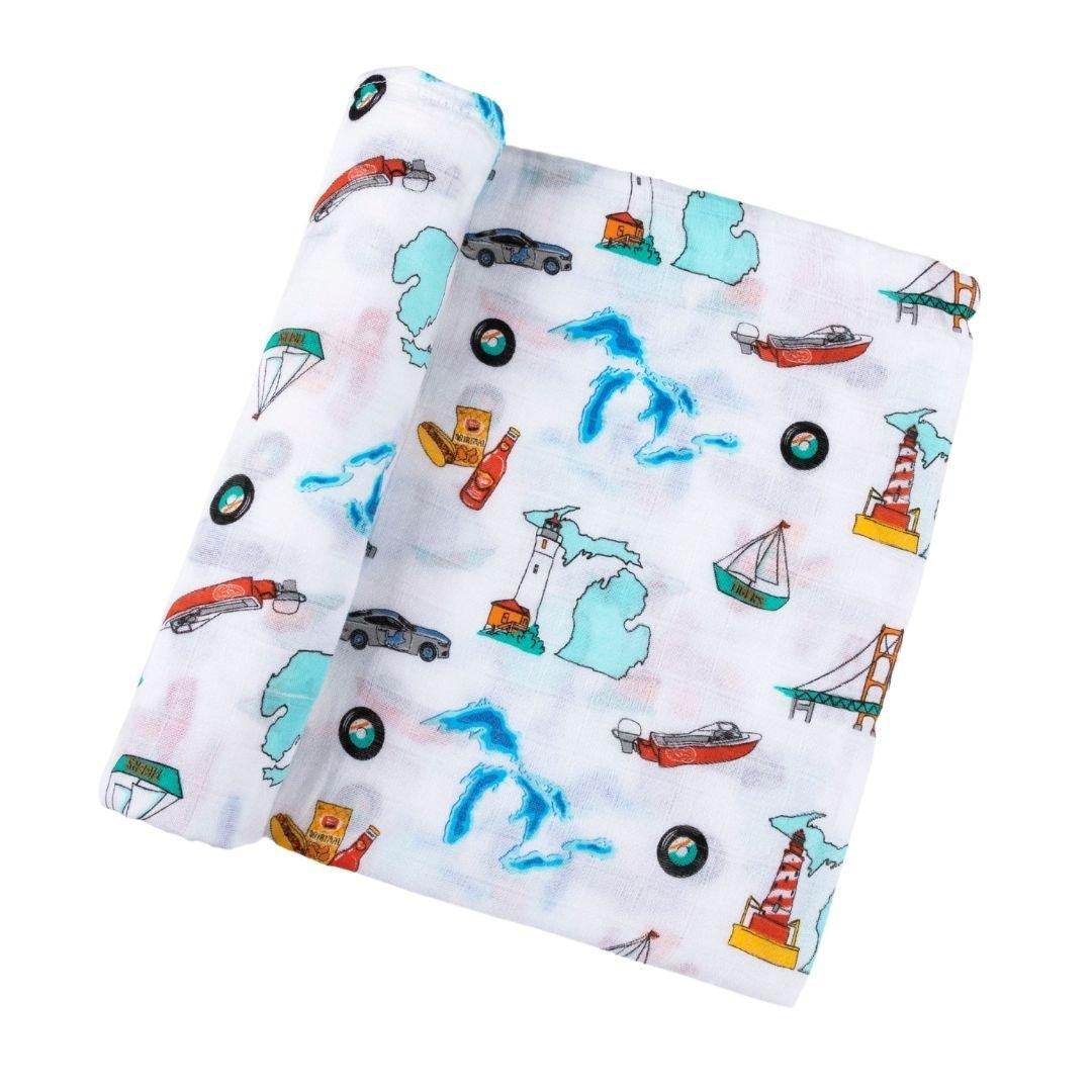 Gift Set: Michigan Baby Muslin Swaddle Blanket and Burp Cloth/Bib Combo Extra Large Bamboo Cotton