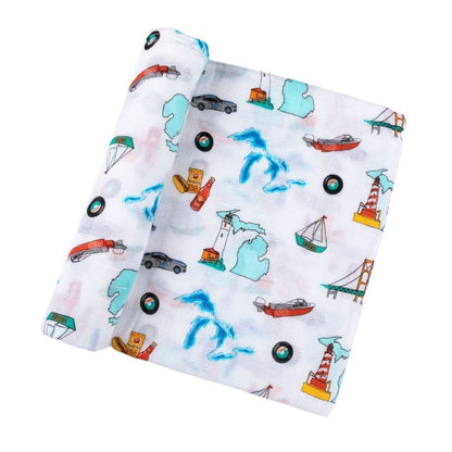 Gift Set: Michigan Baby Muslin Swaddle Blanket and Burp Cloth/Bib Combo Extra Large Bamboo Cotton