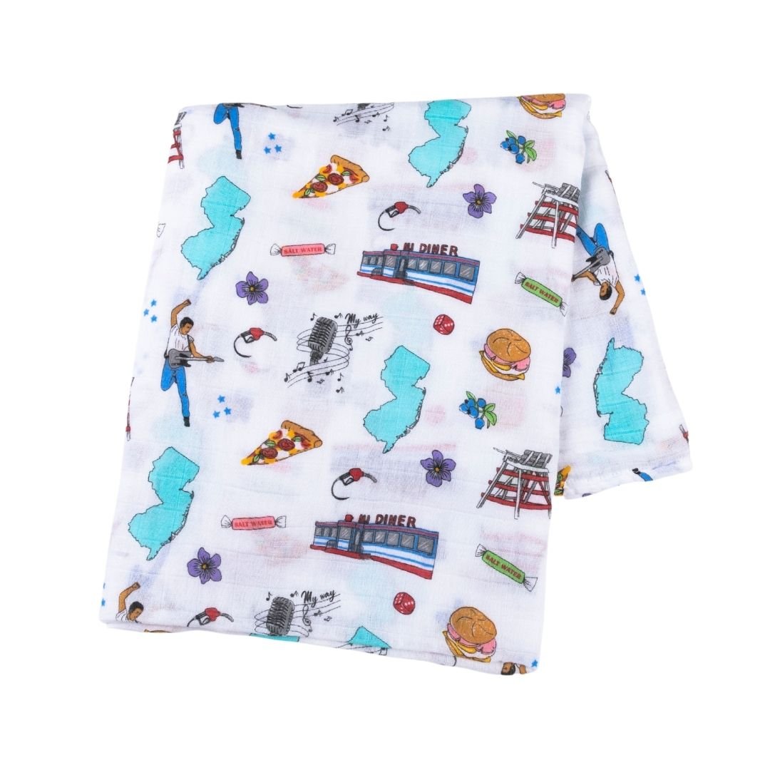 Gift Set: New Jersey Baby Muslin Swaddle Blanket and Burp Cloth/Bib Combo Baby Shower Essential for Newborn