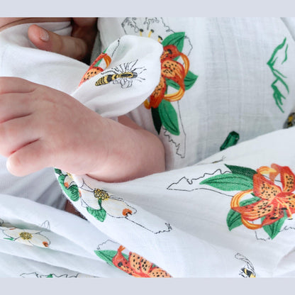 Gift Set: North Carolina Baby Muslin Swaddle Blanket and Burp Cloth/Bib Combo (Floral) Baby Shower Essential for Newborn