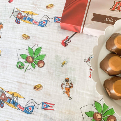 Gift Set: Ohio Baby Muslin Swaddle Receiving Blanket and Burp Cloth / Bib Combo Hospital Coming Home Essential