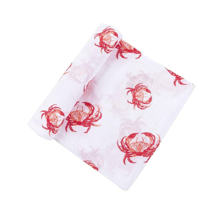 Gift Set: Pink Crab Baby Muslin Swaddle Blanket and Burp Cloth/Bib Combo Soft Breathable Bamboo Cotton