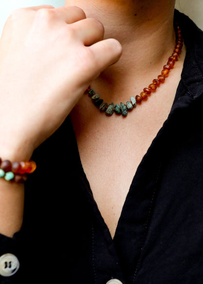 Raw Cognac Baltic Amber + Raw Turquoise Jasper || Necklace
