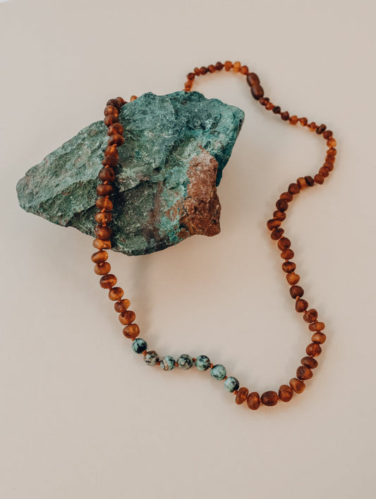 Raw Cognac Baltic Amber + Turquoise Jasper || Necklace