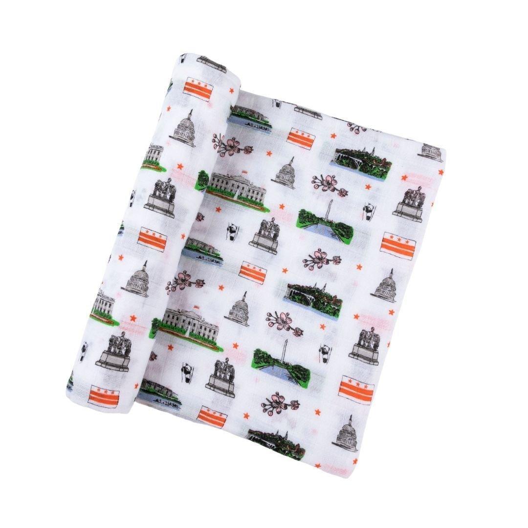 Gift Set: Washington D.C. Baby Muslin Swaddle Blanket and Burp Cloth/Bib Combo Baby Shower Essential for Newborn