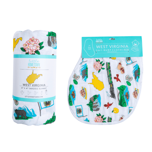 West Virginia Baby Giftset:  Baby Swaddle Blanket and Burp/Bib Combo Hospital Coming Home Essential