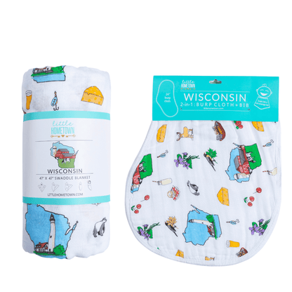 Wisconsin Baby Giftset:  Baby Swaddle Blanket and Burp/Bib Combo Newborn Essentials for Feeding and Comfort
